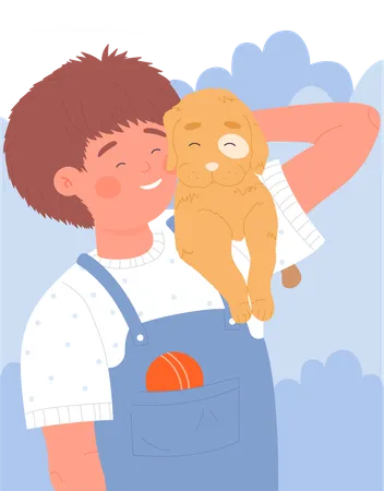 Little Boy holding Dog  Illustration