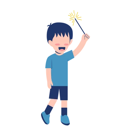 Little Boy holding Fireworks  Illustration