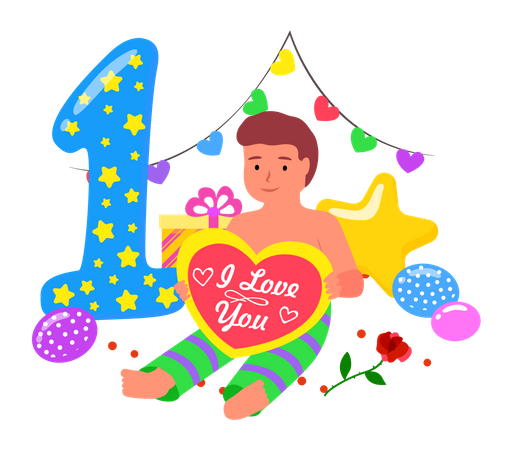 Little boy holding heart and celebrate his 1st birthday  Illustration