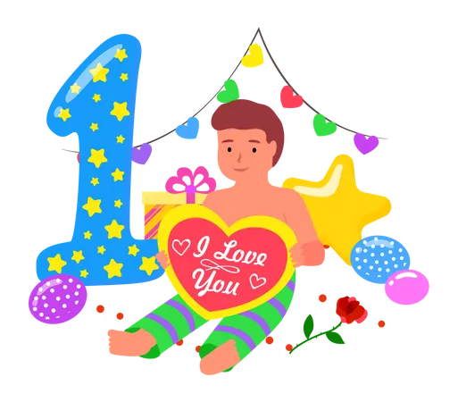 Little boy holding heart and celebrate his 1st birthday  Illustration