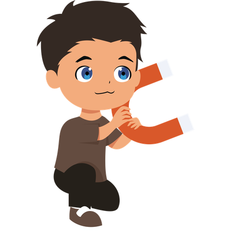 Little boy Holding Large Magnet while Sitting  Illustration