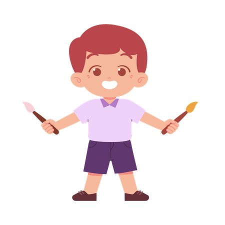 Little Boy Holding Paint Brush In Two Hands  Illustration