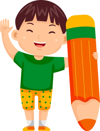 Little Boy holding Pencil and waving hand  Illustration