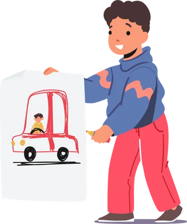 Child With Drawings Of Car And Driver Little Boy Holding Picture Isolated On White Background Kids Art Creativity Talents Painting Hobby Or Education Concept Cartoon People Vector Illustration Illustration