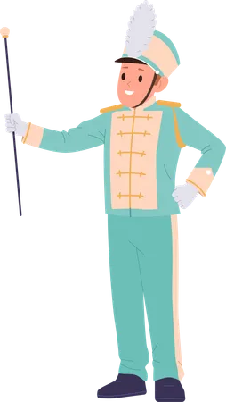 Happy Little Boy Kid Major Cartoon Character Wearing Traditional Festive Costume Holding Leader Stick In Hand Marching Military Orchestra Parade Isolated Vector Illustration On White Background Illustration