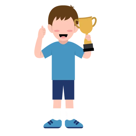 Little Boy Holding Trophy and showing thumb up  Illustration