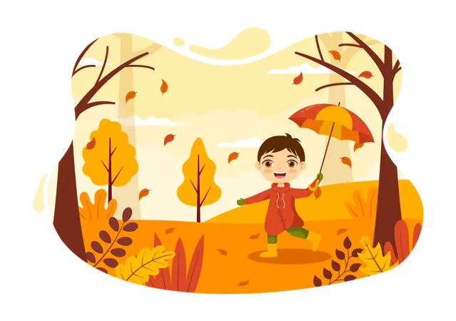 Little boy holding umbrella and enjoying autumn season  Illustration