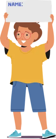 Young Boy Character Holds A Banner Displaying Empty Place Name His Eyes Brimming With Joy And Excitement As He Shares His Identity With The World Cartoon People Vector Illustration Illustration