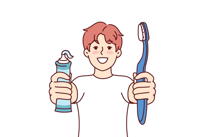 Little boy holds toothpaste and toothbrush  Illustration