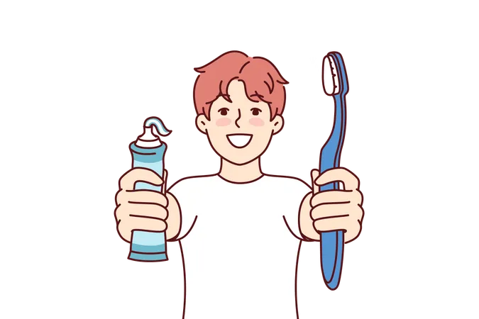 Little boy holds toothpaste and toothbrush  Illustration