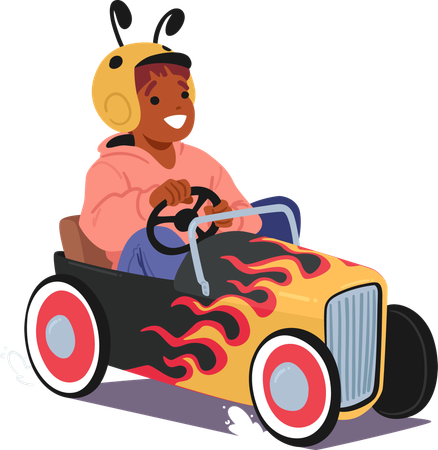 Little Boy In Bee Costume and Drives Pedal Car With Flames  Illustration