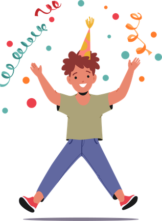 Little Boy in Hat Gleefully Jumping and Celebrates His Birthday Party with Fun-filled Activities  Illustration