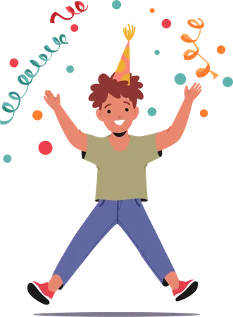 Little Boy in Hat Gleefully Jumping and Celebrates His Birthday Party with Fun-filled Activities  Illustration