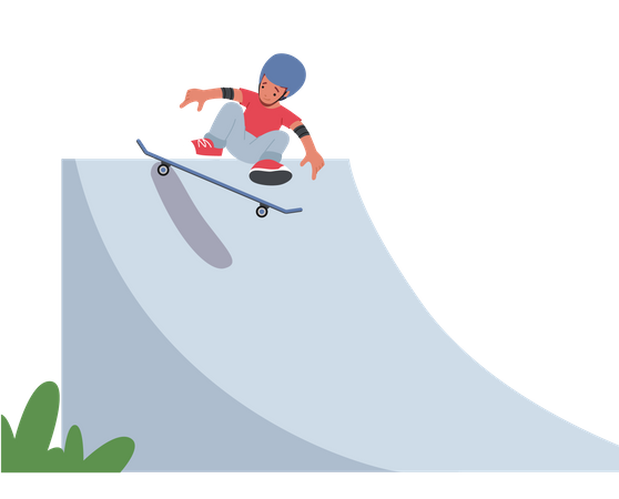 Little Boy in Safety Helmet Jumping on Skateboard at Park Illustration