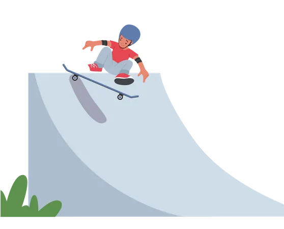 Little Boy in Safety Helmet Jumping on Skateboard at Park  Illustration