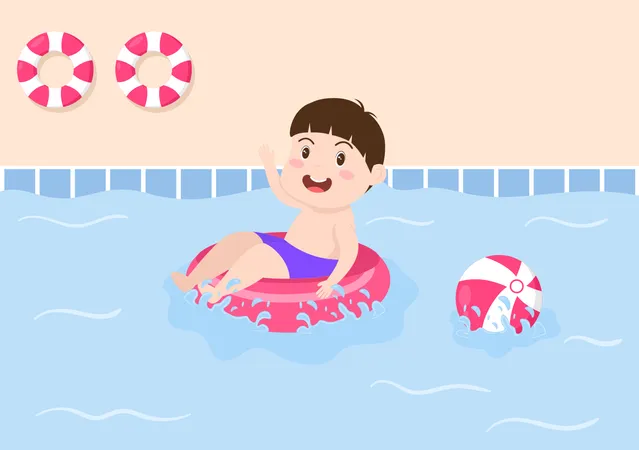 Cute Little Kids Swimming Background Vector Illustration In Flat Cartoon Style People Dressed Swimwear Swim In Summer And Performing Water Activities Illustration