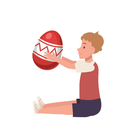 Little boy is sitting and holding a big easter egg  Illustration