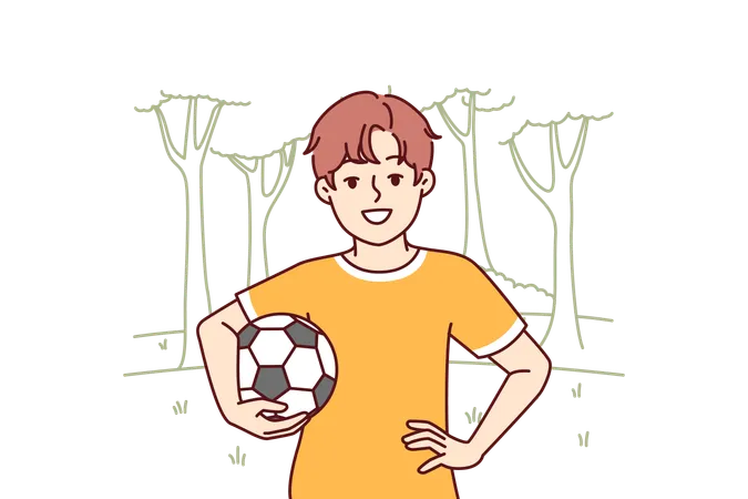 Little Boy With Soccer Ball Enjoys Outdoor Recreation And With Smile Looks At Screen Boy Pupil Elementary School Dreams Of Becoming Professional Football Player And Training In Park To Play Soccer Illustration
