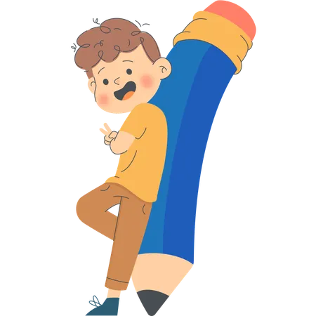 Little Boy Leaning on Pencil  Illustration