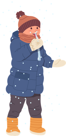 Little boy licking ice enjoying snowfall  Illustration