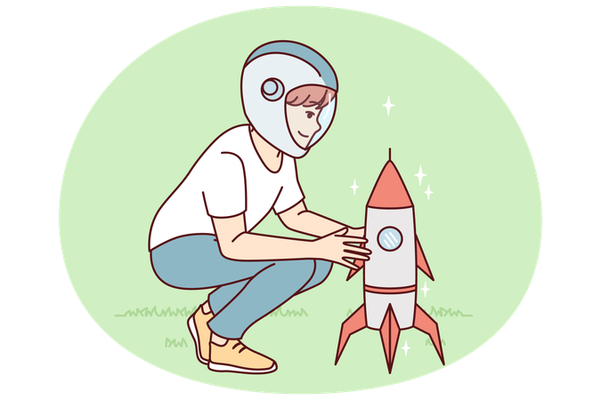 Little boy near toy rocket plays as astronaut  Illustration