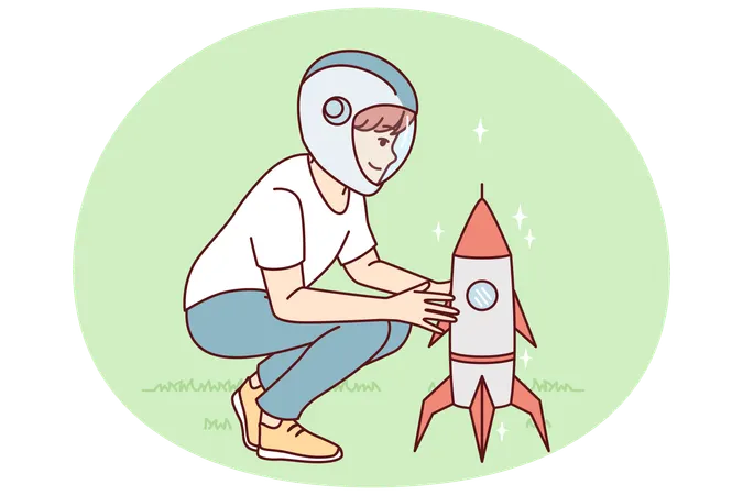 Little boy near toy rocket plays as astronaut  Illustration