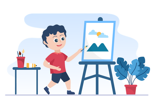 Little boy painting on canvas  イラスト