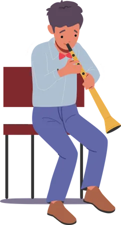 Little Boy Playing Bassoon Blowing Illustration
