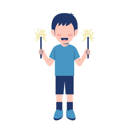 Little Boy Playing Fireworks  Illustration