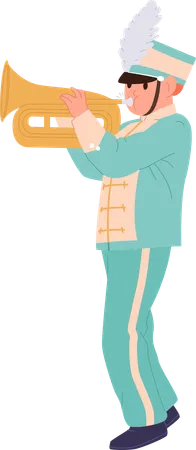 Talented Boy Artist Of Military Orchestra Cartoon Character Playing Horn Trumpet Musical Instrument Isolated Vector Illustration Victory Parade Performance And Traditional Festive Music March イラスト