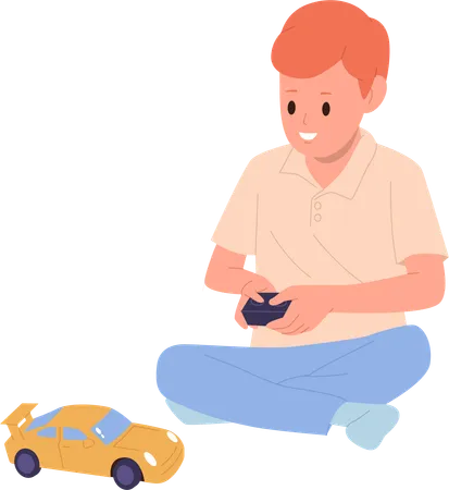Little Boy Child Cartoon Character Playing Toy Car With Remote Radio Controlled Joystick Vector Illustration Isolated On White Background Happy Excited Schoolboy Having Fun Leisure Game Activity Illustration