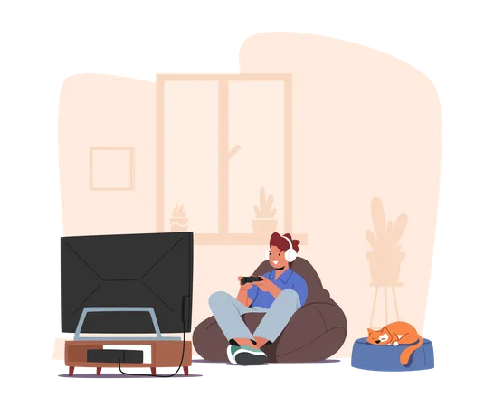 Little Boy Playing Video Games Illustration