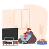illustration little boy playing video games