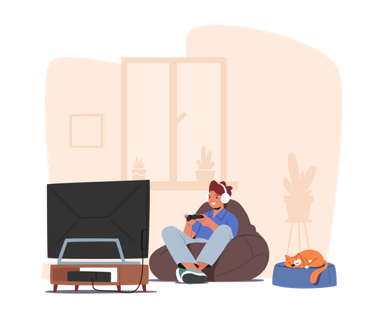 Little Boy Playing Video Games  Illustration