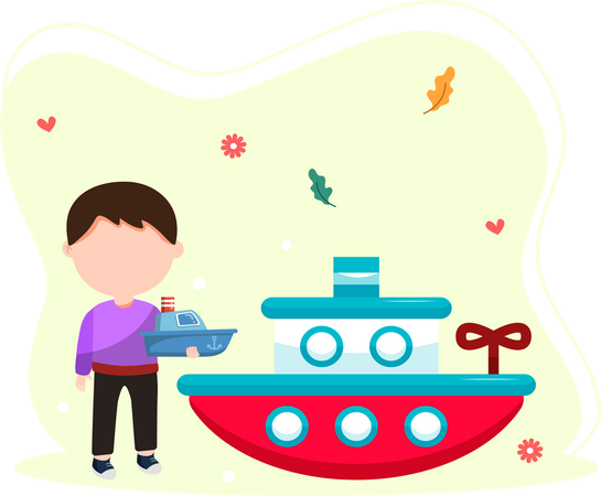 Little boy playing with boat toy  Illustration