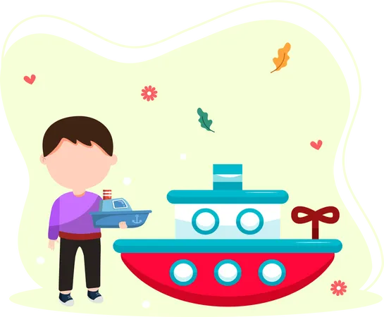 Little boy playing with boat toy  Illustration