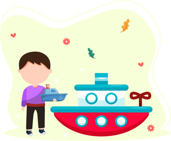 Little boy playing with boat toy  Illustration