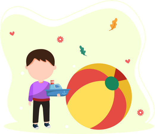 Little boy playing with boat toy  Illustration