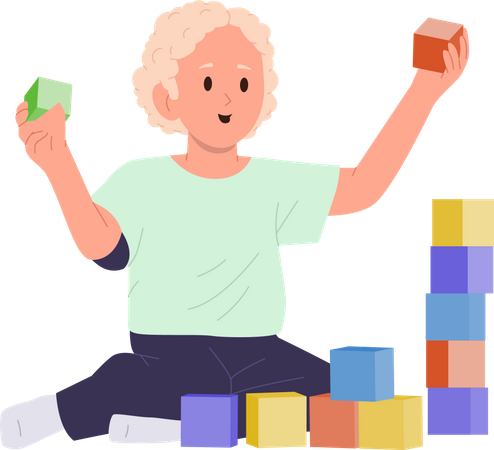 Little boy playing with building blocks  일러스트레이션