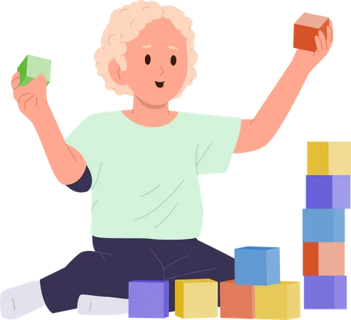 Little Boy Child Cartoon Character Playing With Building Blocks Making Tower Sitting On Floor Isolated On White Background Educational Development Game For Children Vector Illustration Happy Boyhood Illustration