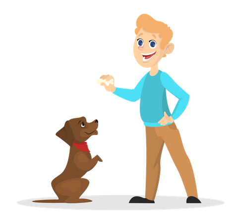 Little boy playing with dog Illustration