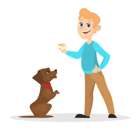 Little boy playing with dog Illustration