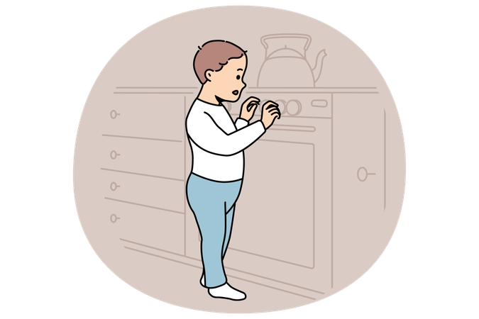 Little boy playing with gas stove and touches dangerous kitchen equipment while parents away  Illustration