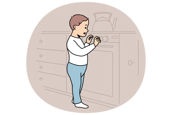 Little boy playing with gas stove and touches dangerous kitchen equipment while parents away  Illustration