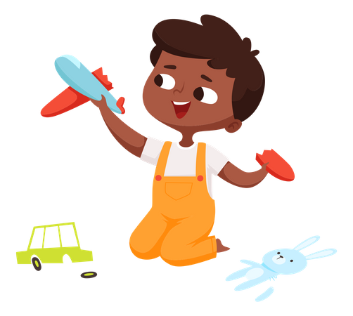 Little boy playing with plane toy Illustration