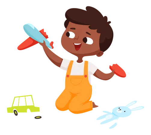 Little boy playing with plane toy Illustration