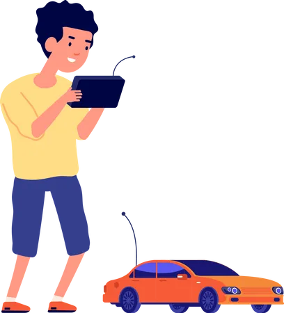 Little boy playing with remote control car  Illustration