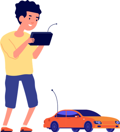 Little boy playing with remote control car  Illustration