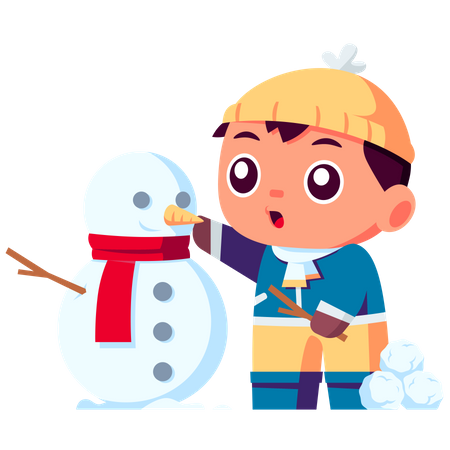 Little boy Playing with Snowman  Illustration