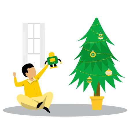 Little boy playing with toy near christmas tree Illustration